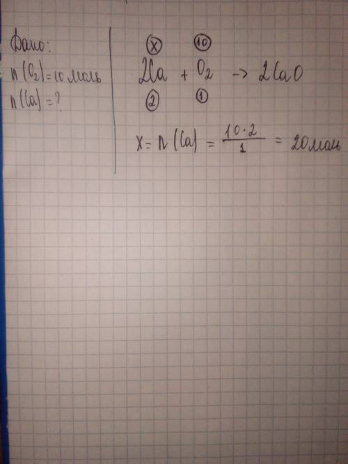 По уравнению реакции ca+o2 = cao, рассчитайте количество вещества кальция,который прореагировал с 10