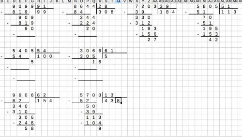 Реши деление с остатком в столбик: 9099: 91 8644: 28 7203: 39 5805: 51 5405: 54 3066: 61 9606: 62 57