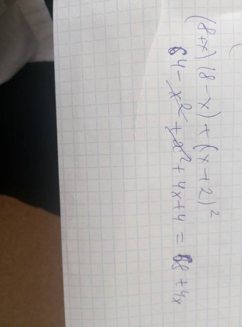 Выражение (8+x)(8-x)+(x+2)тут в квадрате
