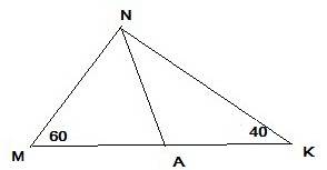 По сочу в тругольнике мnk проведена биссектриса na,м=60,k=40.а)докажите что это равнобедренный трего