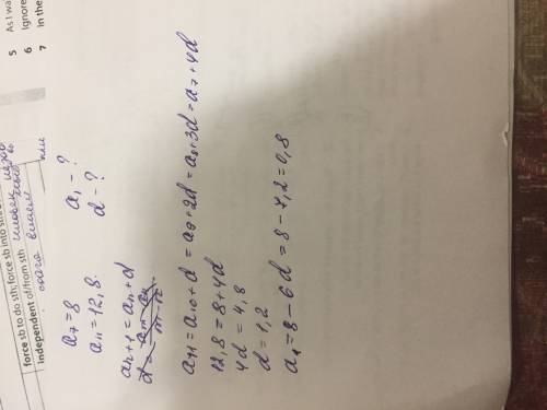 Варифметической прогрессии a 7=8 и а 11=12,8.найдите а 1 и d.