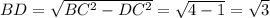 BD = \sqrt{BC^2-DC^2} = \sqrt{4-1}= \sqrt{3}