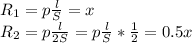 R_1 = p \frac{l}{S} =x \\ R_2 = p \frac{l}{2S} =p\frac{l}{S}*\frac{1}{2}=0.5x