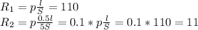 R_1 = p\frac{l}{S} = 110 \\ R_2 = p \frac{0.5l}{5S} = 0.1 * p\frac{l}{S}=0.1*110=11