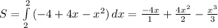 S= \int\limits^2_2 {(-4+4x-x^2)} \, dx= \frac{-4x}{1}+ \frac{4x^2}{2}- \frac{x^3}{3}