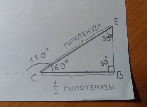 Впрямоугольном треугольнике все с прямым углом в внешний угол при вершине с равен 120°, св+се=12,3см