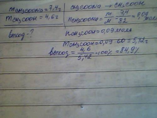 Из 7,4 ацетата натрия получили 4,6г уксусной кислоты. сколько это составляет от теоретически возможн