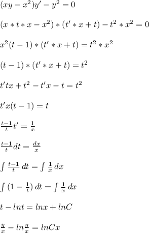 (xy-x^2)y'-y^2 = 0 \\ \\ (x*t*x - x^2)*(t'*x+t) -t^2*x^2= 0 \\ \\ x^2(t-1)*(t'*x+t)=t^2*x^2 \\ \\ (t-1)*(t'*x+t)=t^2 \\ \\ t'tx+t^2-t'x-t=t^2 \\ \\ t'x(t-1) = t \\ \\ \frac{t-1}{t} t' = \frac{1}{x} \\ \\ \frac{t-1}{t} dt = \frac{dx}{x} \\ \\ \int\limits {\frac{t-1}{t} } \, dt = \int\limits { \frac{1}{x} } \, dx \\ \\ \int\limits {(1 -\frac{1}{t}) } \, dt = \int\limits { \frac{1}{x} } \, dx \\ \\ t - lnt = lnx + lnC \\ \\ \frac{y}{x} - ln \frac{y}{x} = lnCx