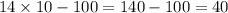 14 \times 10 - 100 = 140 - 100 = 40