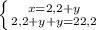 \left \{ {{x=2,2+y} \atop {2,2+y+y=22,2}} \right.