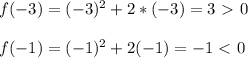 f(-3) = (-3)^{2} +2*(-3) = 3 \ \textgreater \ 0 \\ \\ f(-1) = (-1)^{2} +2(-1) = -1 \ \textless \ 0