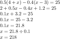 0.5(4 + x) - 0.4(x - 3) = 25 \\ 2 + 0.5x - 0.4x + 1.2 = 25 \\ 0.1x + 3.2 = 25 \\ 0.1x = 25 - 3.2 \\ 0.1x = 21.8 \\ x = 21.8 \div 0.1 \\ x = 218