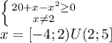 \left \{ {{20+x-x^2 \geq 0} \atop {x \neq 2}} \right. &#10; \\ x=[-4;2)U(2;5]