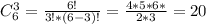 C_{6}^{3}= \frac{6!}{3!*(6-3)!}= \frac{4*5*6*}{2*3} =20