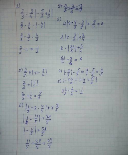 Найдите значение выражений: 1) 2/3-3/4|x+1/3| при x=-5/3 2) 2|2x-3/8|+3/4 при x=3/2 3)2/3+|1-x| при