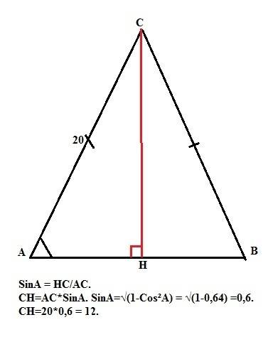 Урівнобедреному трикутнику abc з основою ab cos кута a=0.8, ac=20 см. знайдіть висоту трикутника, пр