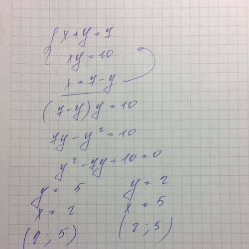 Решить графически систему: {x+y=7 {xy=10