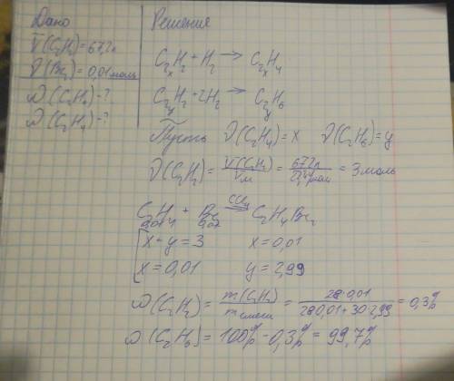 При гидрировании ацетилена объемом 67,2 л (н. у.) получили смесь этана и этилена, которая обесцвечив