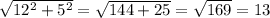 \sqrt{12^2 + 5^2} = \sqrt{144+25} = \sqrt{169} = 13