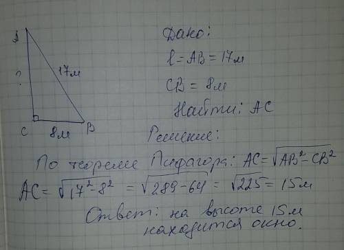 Лестницу длиной 17 м при ставили к окну дома. нижний конец лестницы отстоит от стены на 8 м. на како