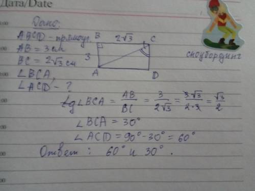 стороны прямоугольника равна 2√3 и 3 см. найдите углы, которые образует диагональ со сторонами прямо