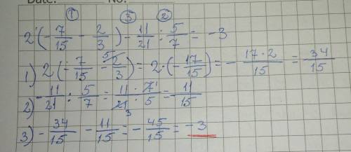 Решите выражение) большое заранее 1. 2* (-7/15 - 2/3) - 11/21 : 5/7= 2. -15-(26-54)= 3. (6/7 - 3/5)