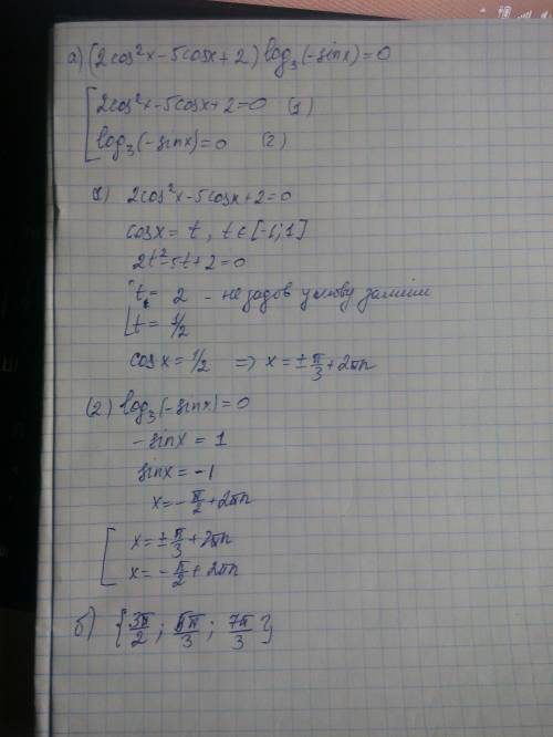 С. решите уравнение (2cos²x-5cosx+2) log(3)(-sinx)=0. б). найдите корни этого уравнения, принадлежащ