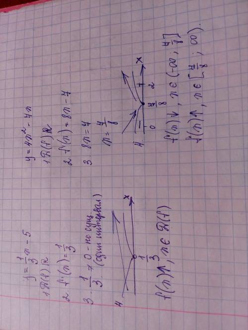 Нужно найти интервалы возрастания и убывания функции: у=1/3х-5 у=4х^2-7х у=х^2-6х^2 у=х^4-2х^2