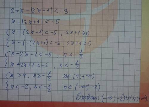 Решите неравенство 2 + x - |2x+1| < - 3