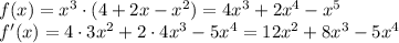 f (x) = x^3\cdot (4 + 2x - x^2)=4x^3+2x^4-x^5&#10;\\\&#10;f'(x) = 4\cdot3x^2+2\cdot4x^3-5x^4=12x^2+8x^3-5x^4