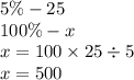 5\% -25 \\ 100\% - x \\ x = 100 \times 25 \div 5 \\ x = 500