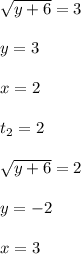 \sqrt{y+6} =3 \\ \\ y=3 \\ \\ x=2 \\ \\ t_{2} =2 \\ \\ \sqrt{y+6} =2 \\ \\ y=-2 \\ \\ x=3