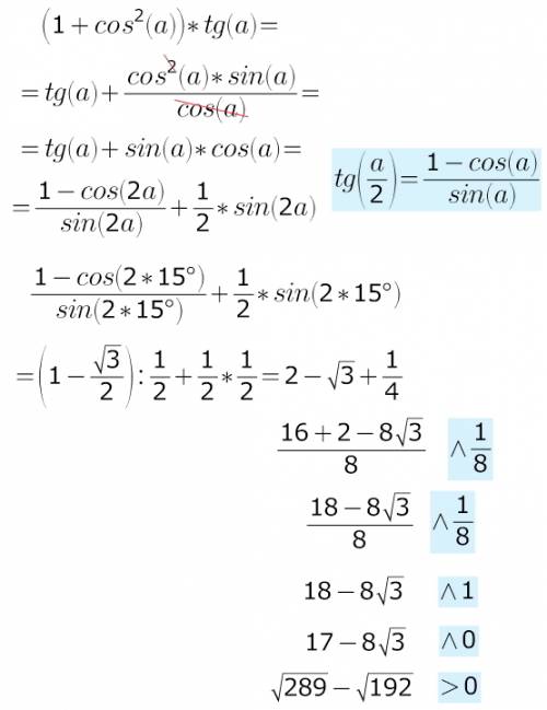 Сравните значение выражения (1 + cos^2 a ) tg a , при а = 15º с числом 1/8