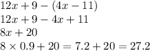 12x + 9 - (4x - 11) \\ 12x + 9 - 4x + 11 \\ 8x + 20 \\ 8 \times 0.9 + 20 = 7.2 + 20 = 27.2