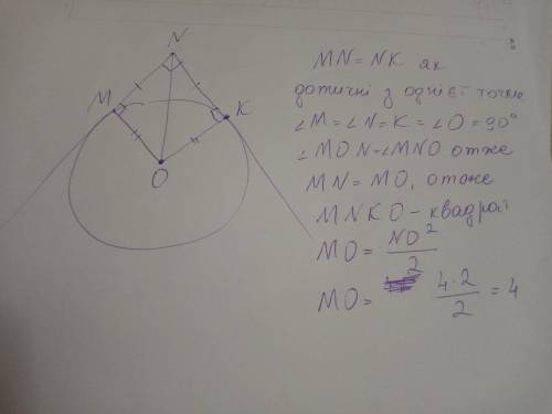 Mn и nk-отрезки касательных,проведенных к окружности с центром о, угол mnk-90грудсов. найдите радиус