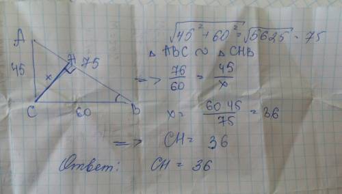 Катеты прямоугольного треугольника равны 60 и 45 найти высоту проведеную к гипотенузе