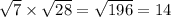 \sqrt{7} \times \sqrt{28} = \sqrt{196} = 14