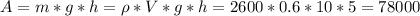 A=m*g*h=\rho*V*g*h=2600*0.6*10*5=78000