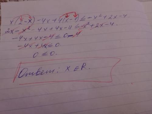 X(2-x)-4x+4(x-1)меньше или равно-x^2+2x-4