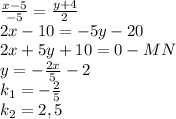 \frac{x-5}{-5} = \frac{y+4}{2}\\2x-10=-5y-20\\2x+5y+10=0-MN\\y= -\frac{2x}{5}-2\\k_1=- \frac{2}{5}\\k_2=2,5\\&#10;