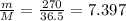 \frac{m}{M} = \frac{270}{36.5}=7.397