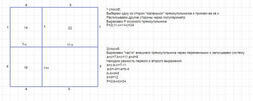 Прямоугольник разбили на 4 маленьких прямоугольника, как показано на рисунке. периметр трех меленьки