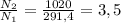 \frac{ N_{2} }{ N_{1} } = \frac{1020}{291,4} = 3,5