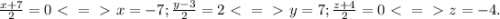 \frac{x+7}{2}=0 \ \textless \ =\ \textgreater \ x=-7; \frac{y-3}{2}=2 \ \textless \ =\ \textgreater \ y =7; \frac{z+4}{2} =0\ \textless \ =\ \textgreater \ z=-4.