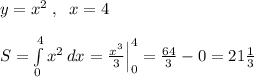 y=x^2\; ,\; \; x=4\\\\S=\int\limits_0^4 x^2\, dx=\frac{x^3}{3}\Big |_0^4=\frac{64}{3}-0=21\frac{1}{3}