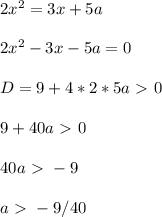 2x^2=3x+5a \\ \\ 2x^2-3x-5a=0 \\ \\ D=9+4*2*5a\ \textgreater \ 0 \\ \\ 9+40a\ \textgreater \ 0 \\ \\ 40a\ \textgreater \ -9 \\ \\ a\ \textgreater \ -9/40