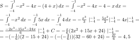 S= \int\limits^{-1}_{-4} {-x^2-4x-(4+x)} \, dx= \int\limits^{-1}_{-4} {-x^2-4x-4-x} \, dx=\\= \int\limits^{-1}_{-4} {-x^2} \, dx-\int\limits^{-1}_{-4} {5x} \, dx-\int\limits^{-1}_{-4} {4} \, dx=- \frac{x^3}{3}\ |^{-1}_{-4}- \frac{5x^2}{2} |^{-1}_{-4}-4x |^{-1}_{-4}=\\= \frac{-2x^3-15x^2-24x}{6}\ |^{-1}_{-4}+C= -\frac{x}{6}(2x^2+15x+24)\ |^{-1}_{-4}=\\=-(-\frac{1}{6})(2-15+24)-(- (-\frac{4}{6}))(32-60+24)= \frac{27}{6}=4,5