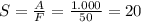 S = \frac{A}{F} = \frac{1.000}{50} = 20