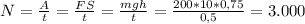 N = \frac{A}{t} = \frac{FS}{t} = \frac{mgh}{t} = \frac{200*10*0,75}{0,5} = 3.000