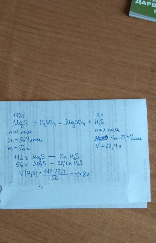 Вычислите, какой объём газа (н. у.) выделится при растворении 112 г сульфида магния в избытке разбав